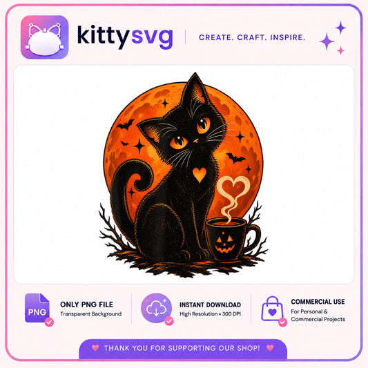 Halloween Black Cat PNG, Spooky Cat Coffee Cup PNG, Cat Moon PNG