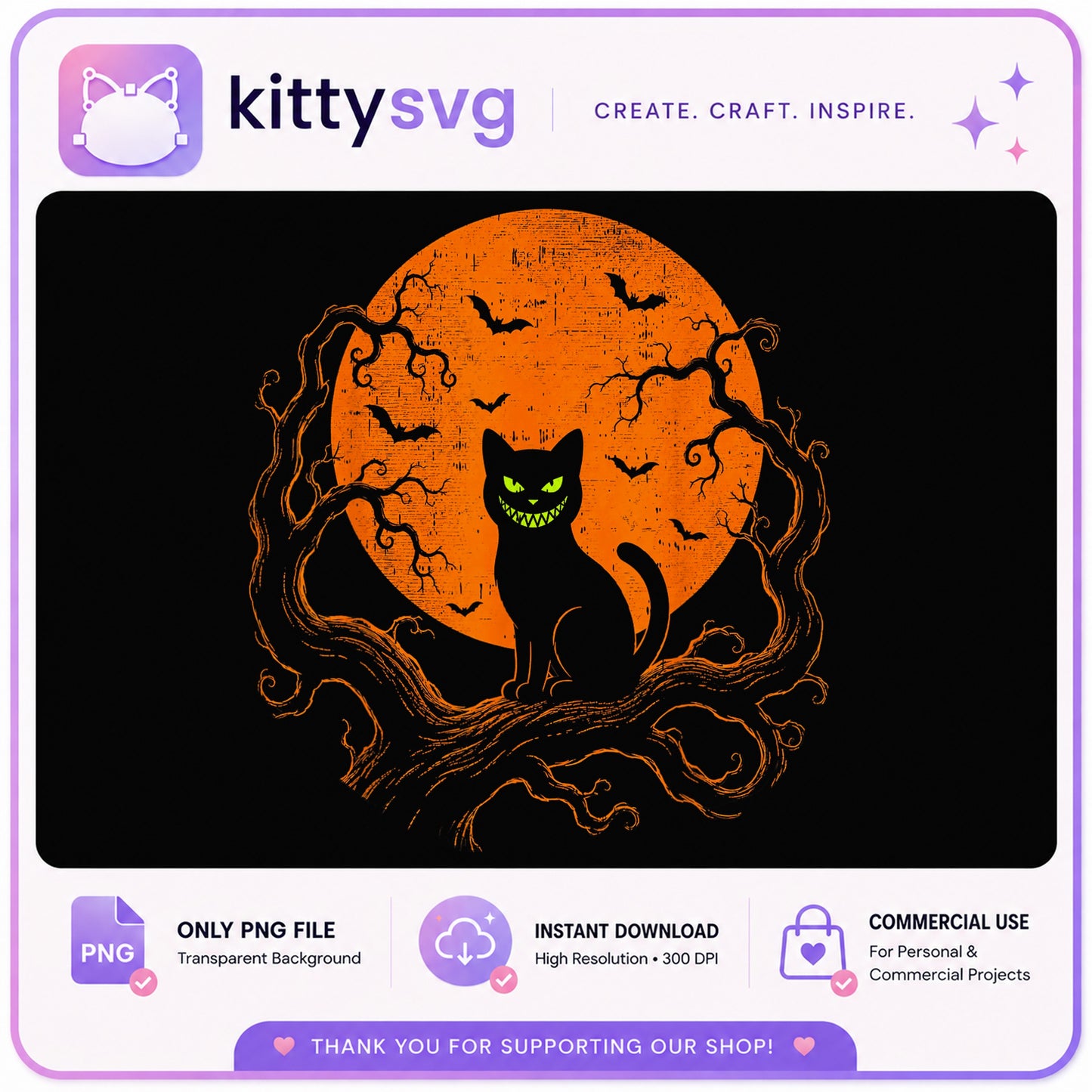 Halloween Black Cat PNG, Spooky Cat Full Moon PNG, Halloween PNG