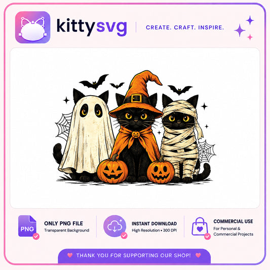 Halloween Black Cat PNG, Witch Ghost Mummy Cat Clipart, Spooky Cat PNG