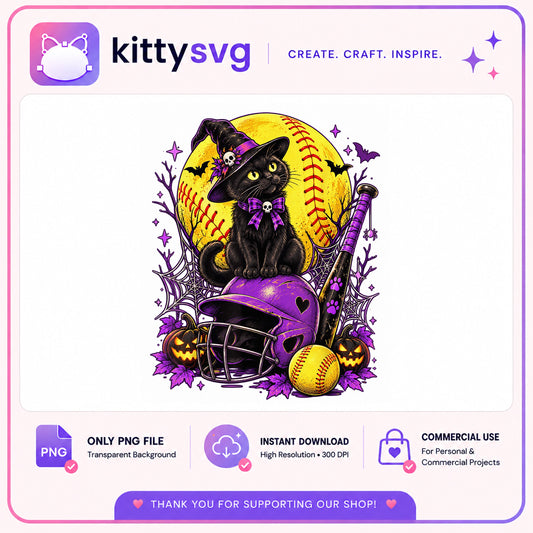Halloween Black Cat Softball PNG, Witch Cat Softball, Halloween PNG