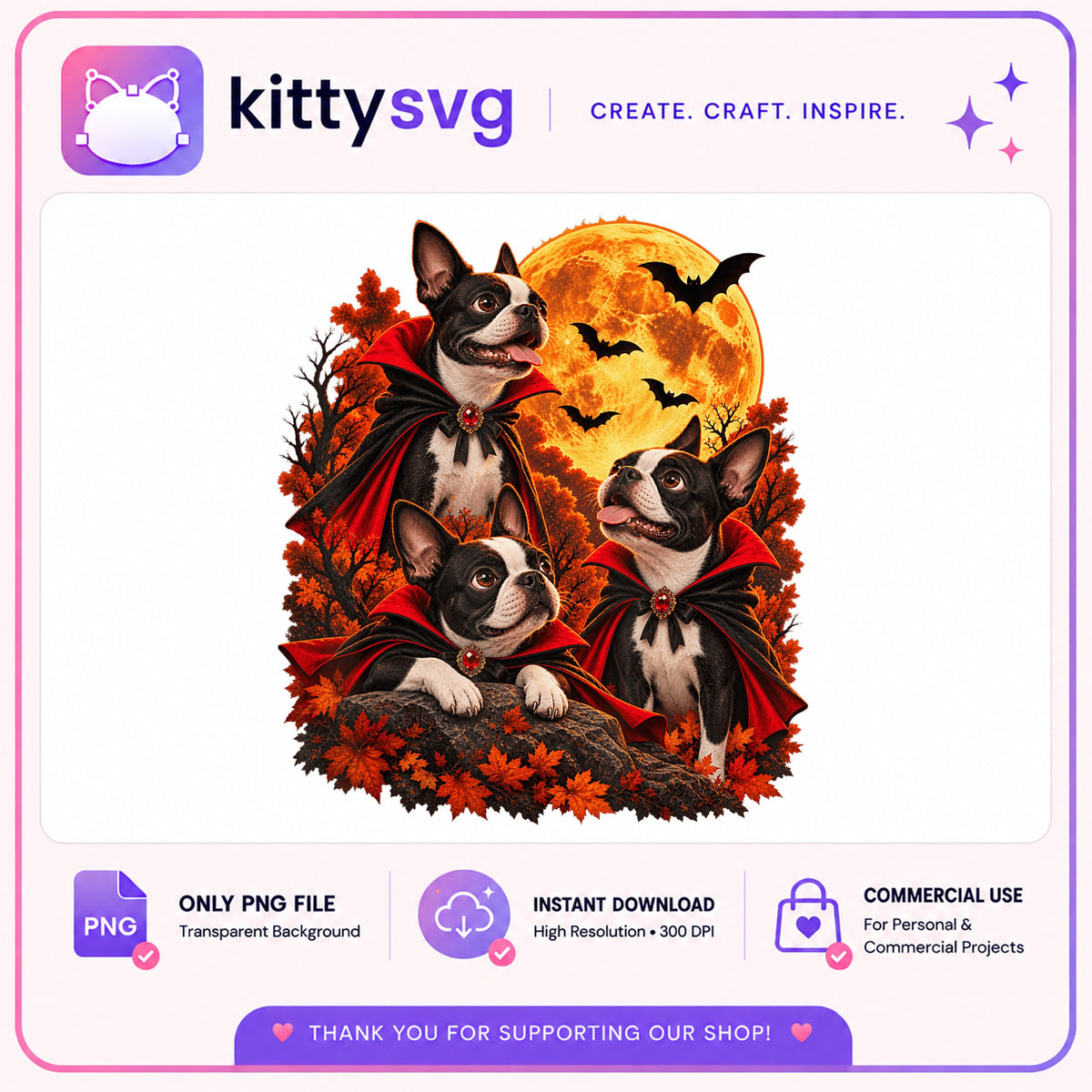 Halloween Boston Terrier Vampire PNG, Spooky Dog PNG, Halloween PNG
