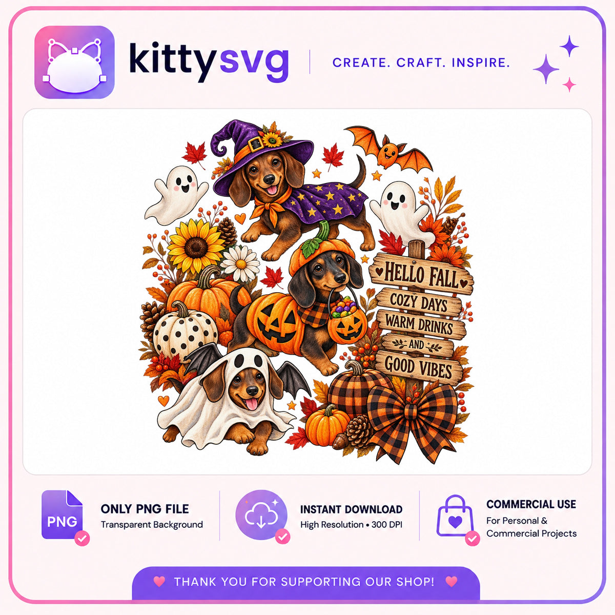 Halloween Dachshund PNG, Hello Fall Cozy Vibes PNG, Dog Halloween PNG