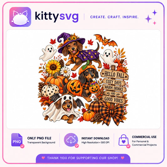 Halloween Dachshund PNG, Hello Fall Cozy Vibes PNG, Dog Halloween PNG