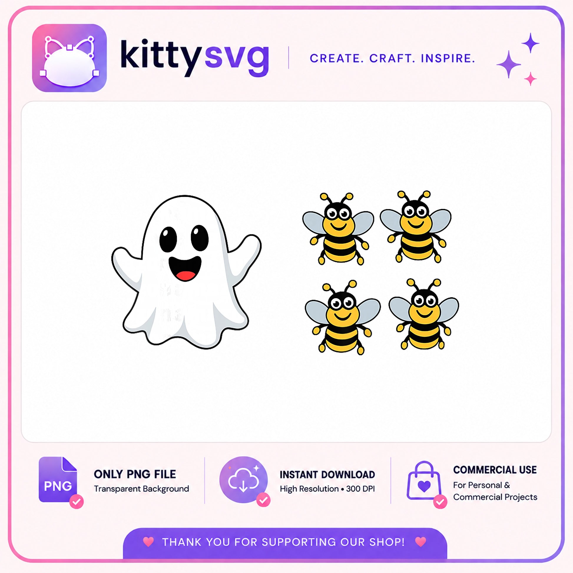 Halloween Ghost And Bee Clipart Bundle, Cute Ghost PNG, Halloween PNG