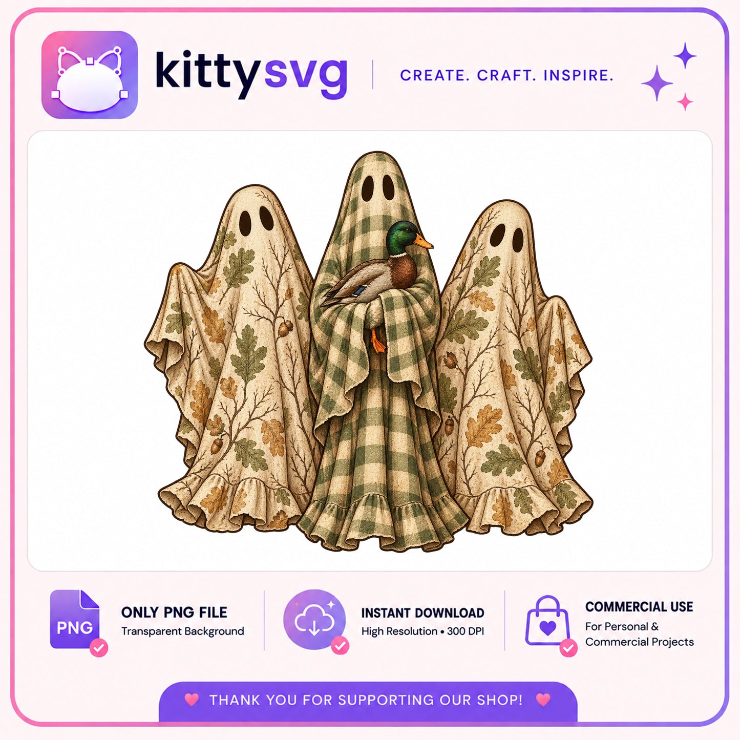 Halloween Ghost Duck PNG, Spooky Boho Ghost Clipart, Fall PNG
