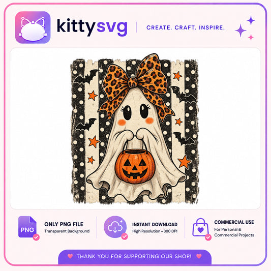 Halloween Ghost Girl PNG, Leopard Bow Pumpkin Ghost, Spooky PNG