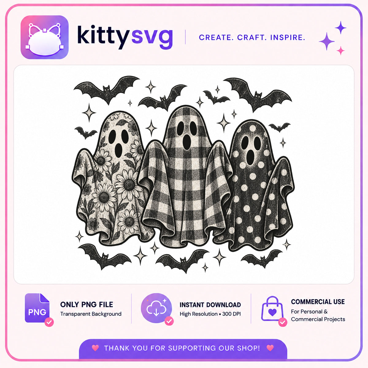 Halloween Ghost PNG, Retro Ghost With Bats PNG, Spooky Ghost PNG