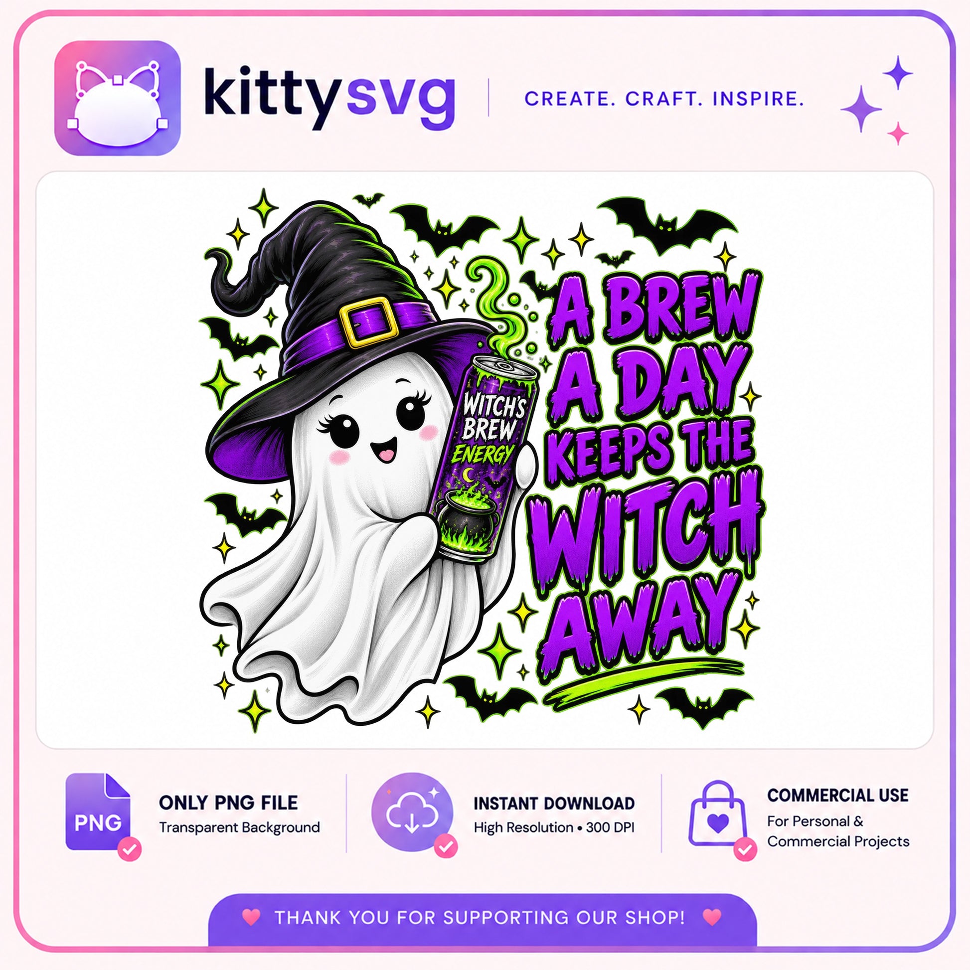 Halloween Ghost Witch PNG, A Brew A Day PNG, Funny Halloween PNG