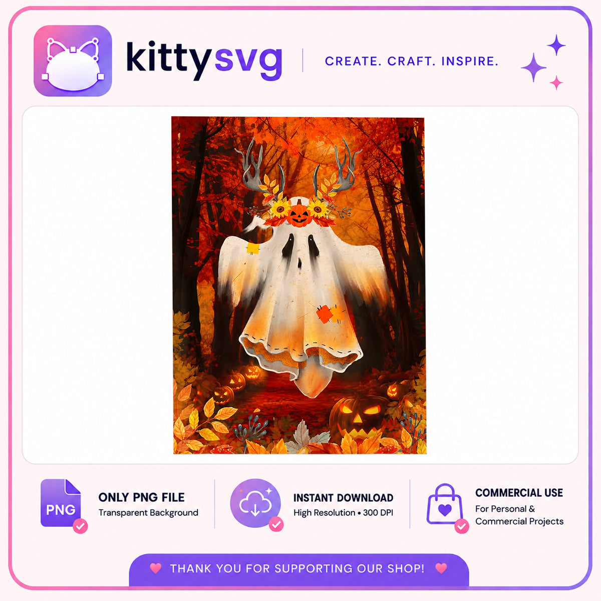 Halloween Ghost With Antlers PNG, Fall Ghost Clipart, Spooky PNG