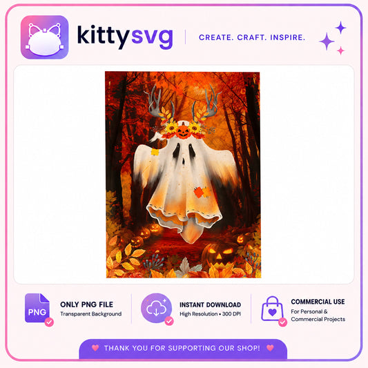 Halloween Ghost With Antlers PNG, Fall Ghost Clipart, Spooky PNG