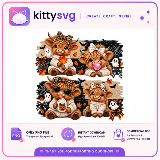Halloween Highland Cow PNG Bundle, Cute Fall Cow Clipart, Halloween PNG