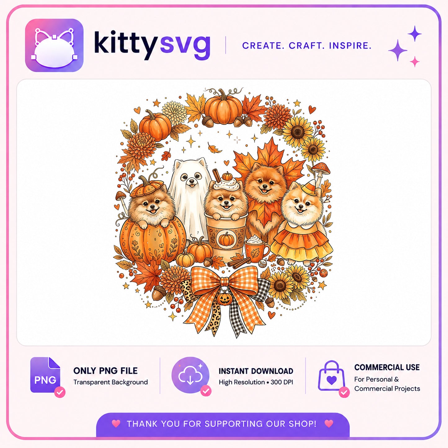 Halloween Pomeranian PNG, Fall Dog Pumpkin PNG, Cute Dog Halloween PNG