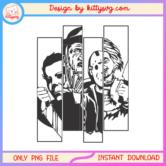 Halloween characters collage outline design png, horror characters outline png