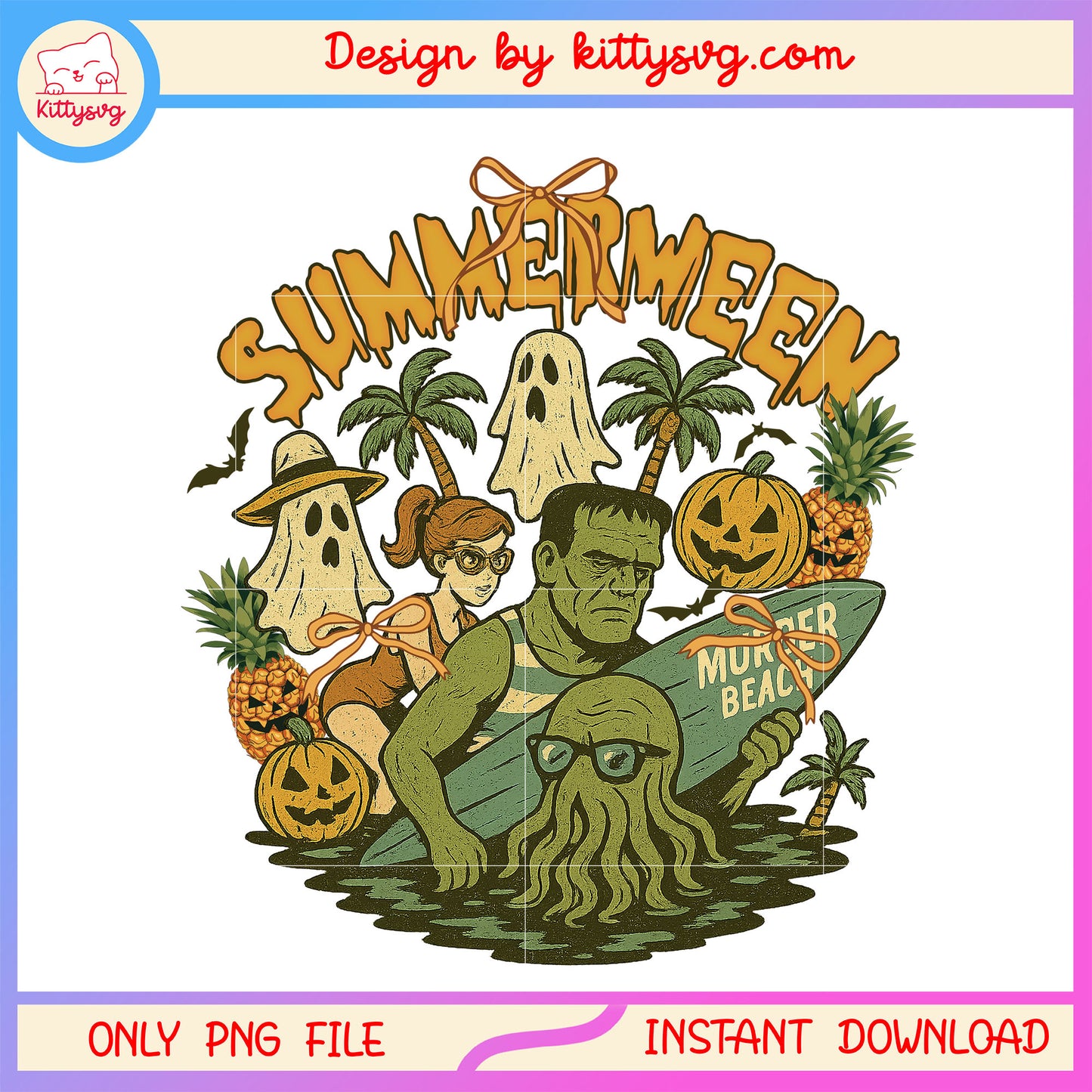 Halloween characters on summerween png, summer halloween png, scary movie png