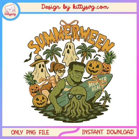 Halloween characters on summerween png, summer halloween png, scary movie png