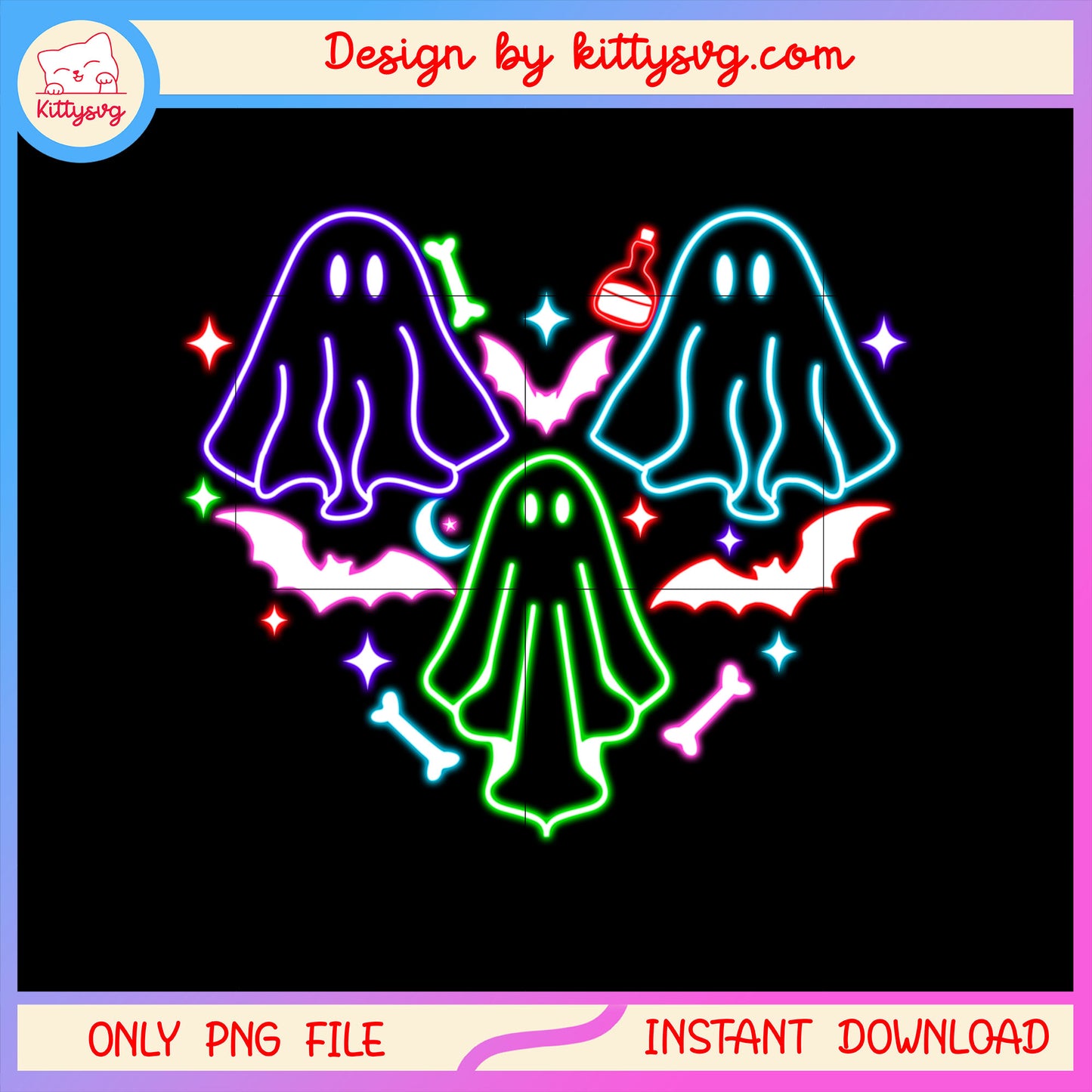 Halloween ghost neon heart shape png, cute halloween ghost images png