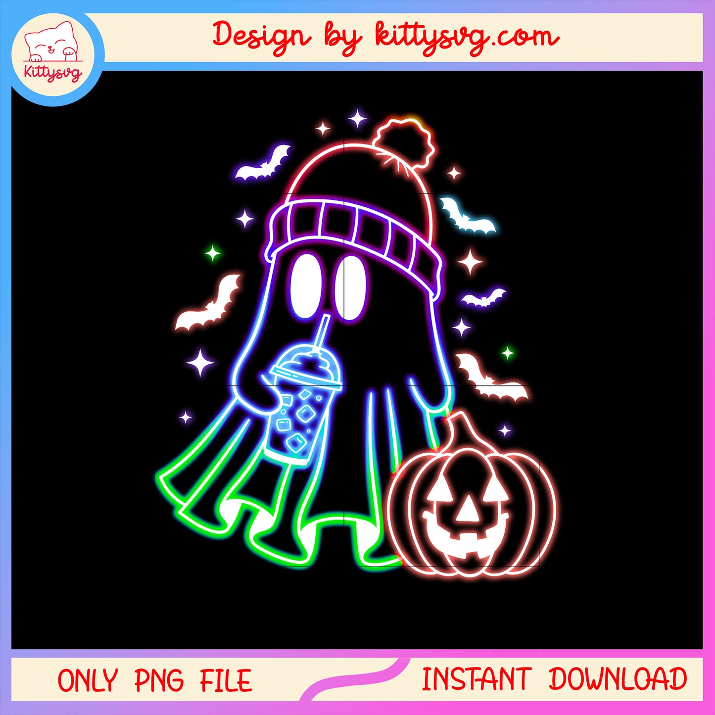 Halloween ghoul neon drink milk tea png, cute ghost decorations png