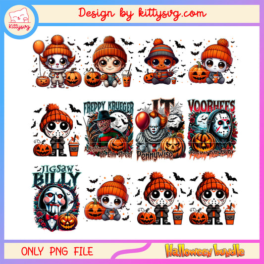 Halloween horror characters chibi bundle png, halloween png