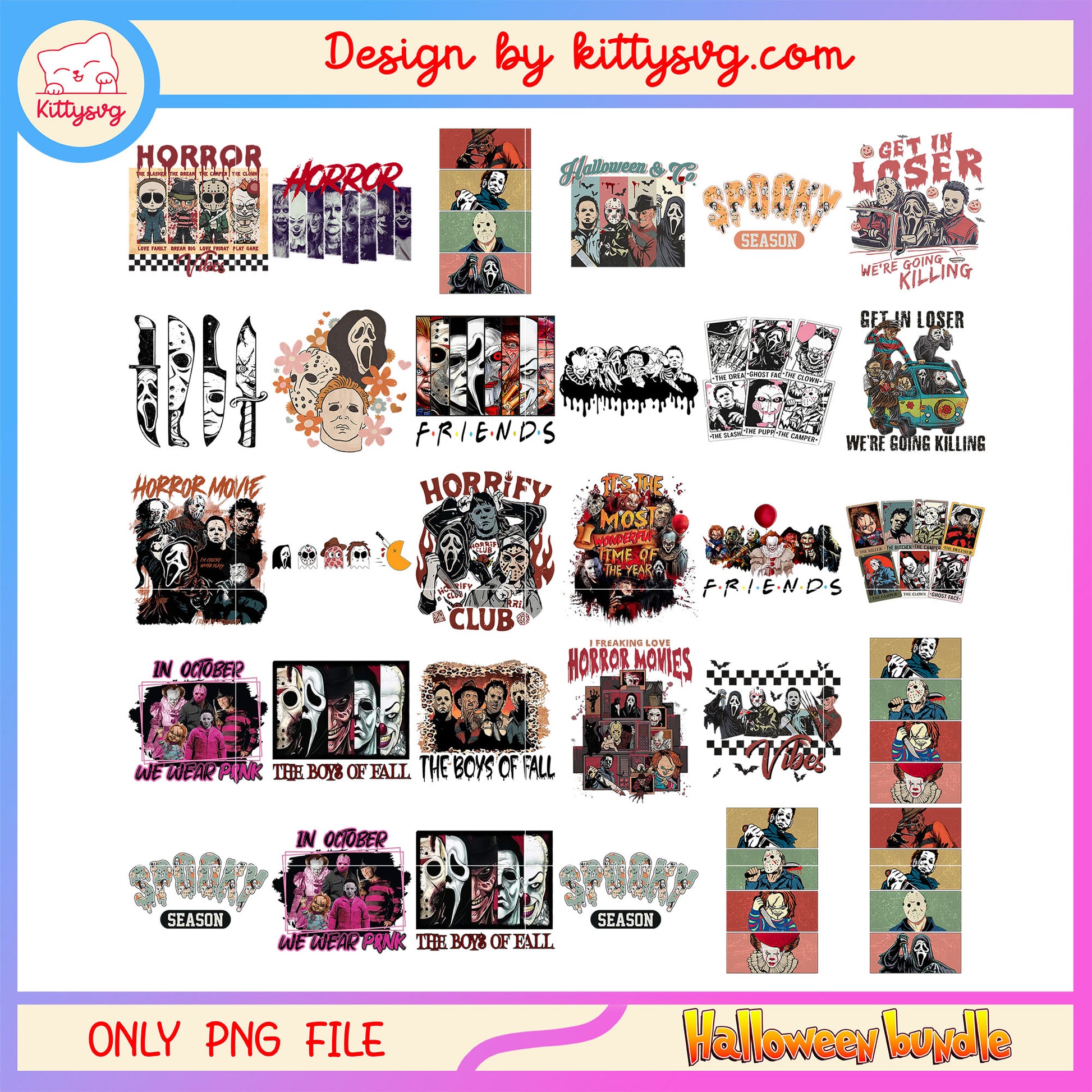 Halloween horror friends bundle png, horror movie png, halloween png