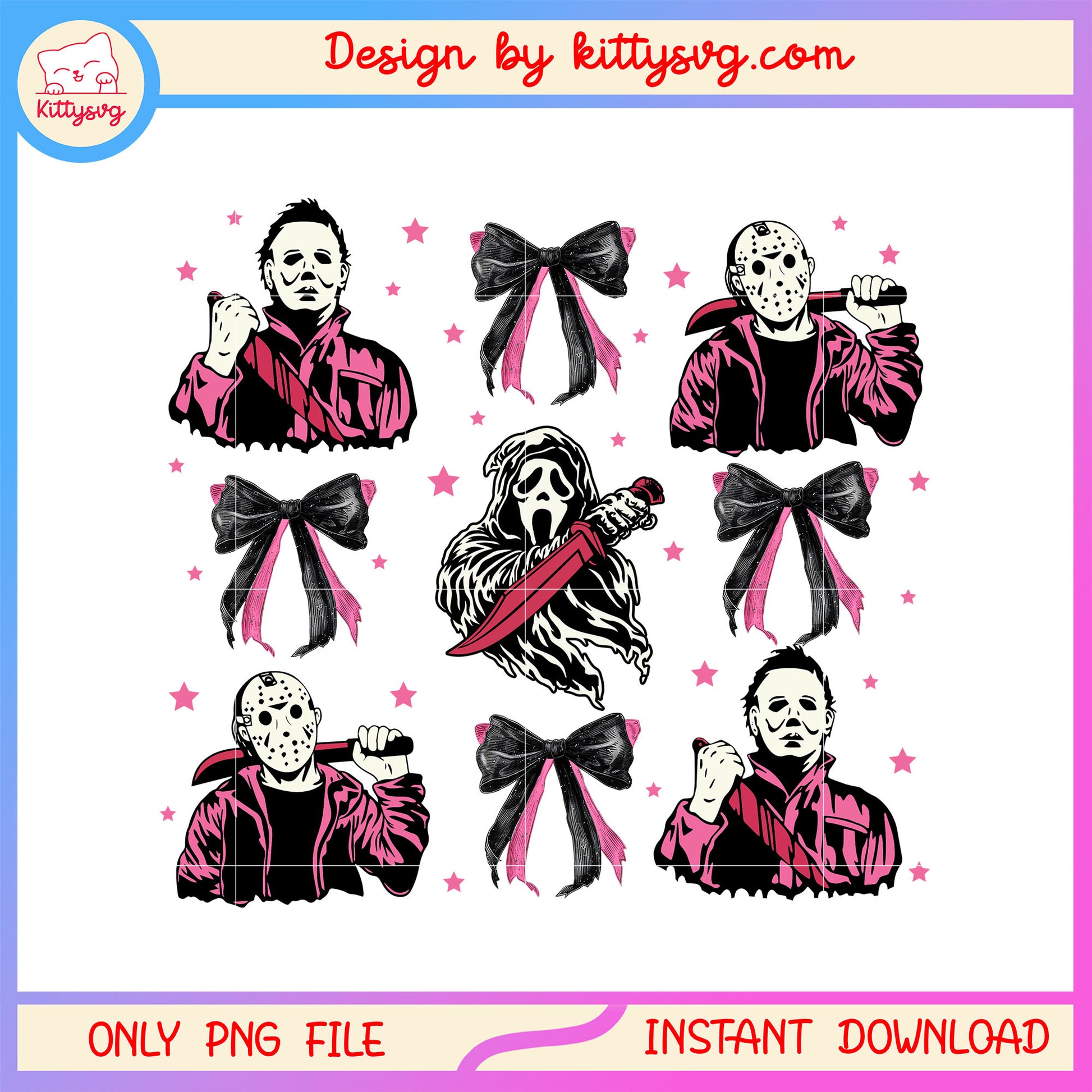 Halloween killers amd coquette bow png, horror characters png