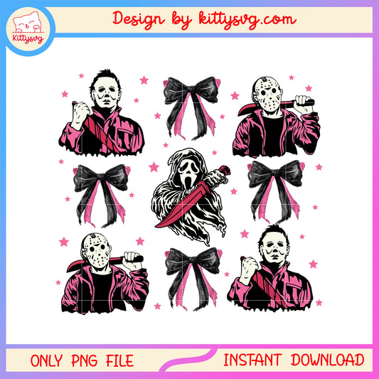 Halloween killers amd coquette bow png, horror characters png