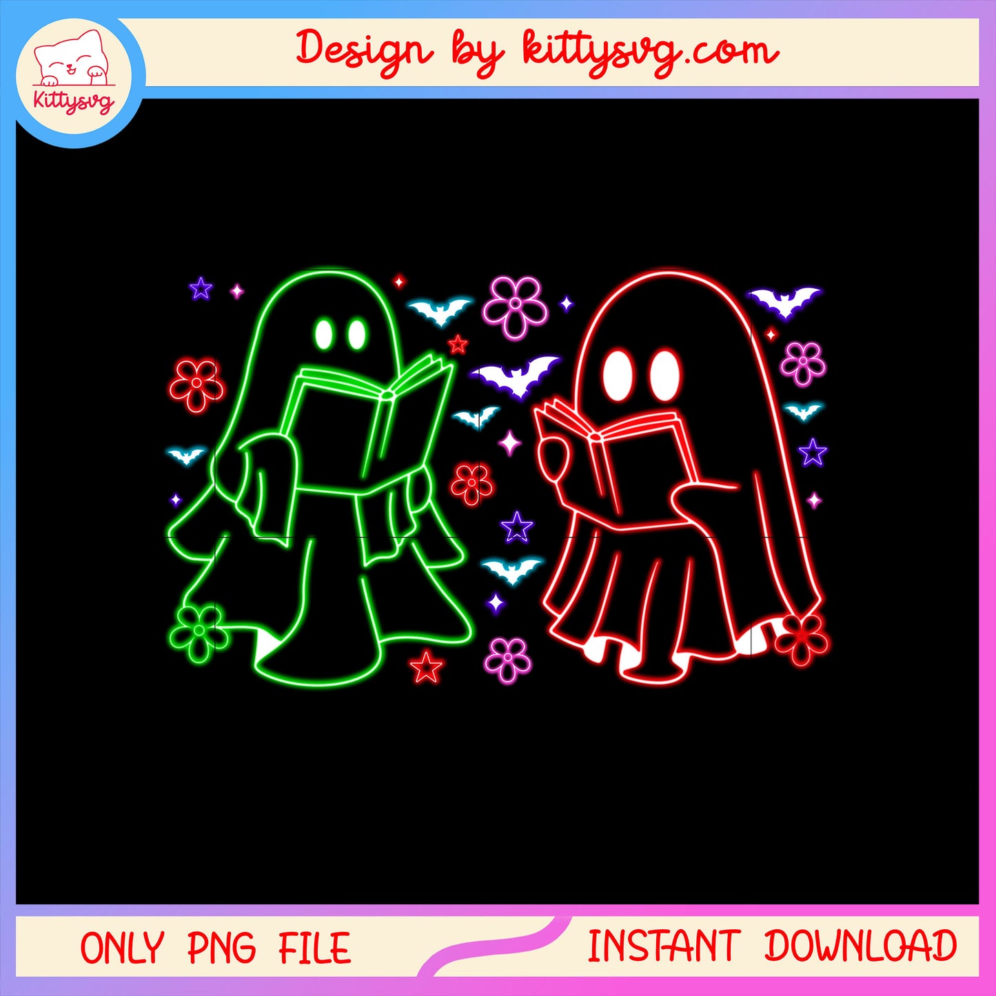 Halloween sheet ghost read book neon design png, halloween decor png