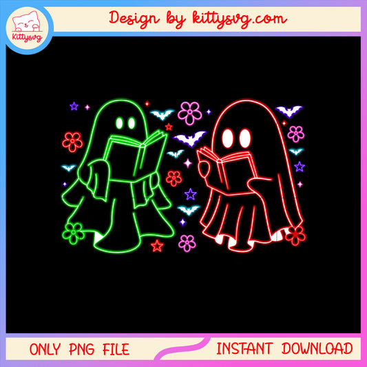 Halloween sheet ghost read book neon design png, halloween decor png