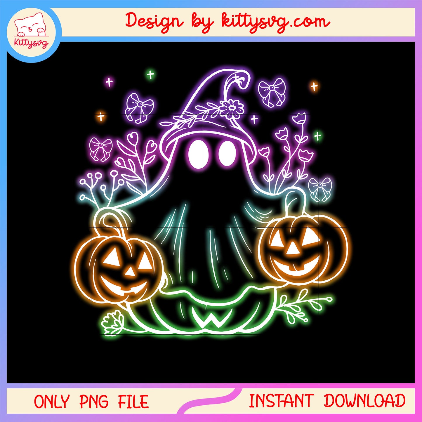 Halloween witch ghost hand pumpkin floral neon png, halloween cute ghost png