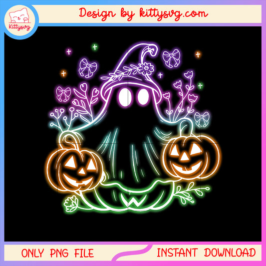 Halloween witch ghost hand pumpkin floral neon png, halloween cute ghost png