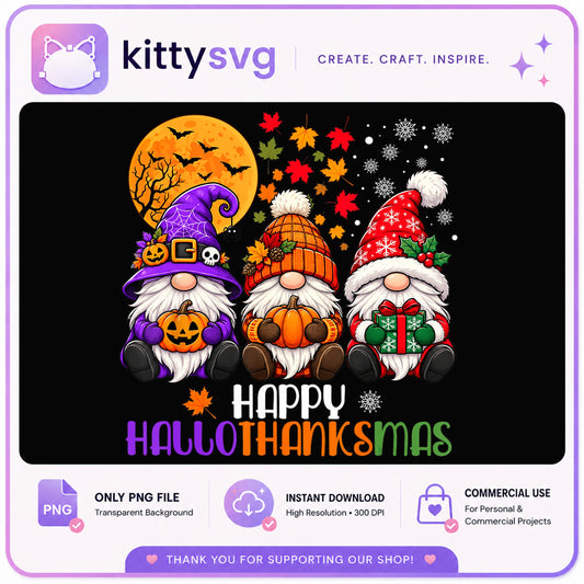 Happy Hallothanksmas Gnomes PNG, Three Gnomes PNG, Holiday PNG