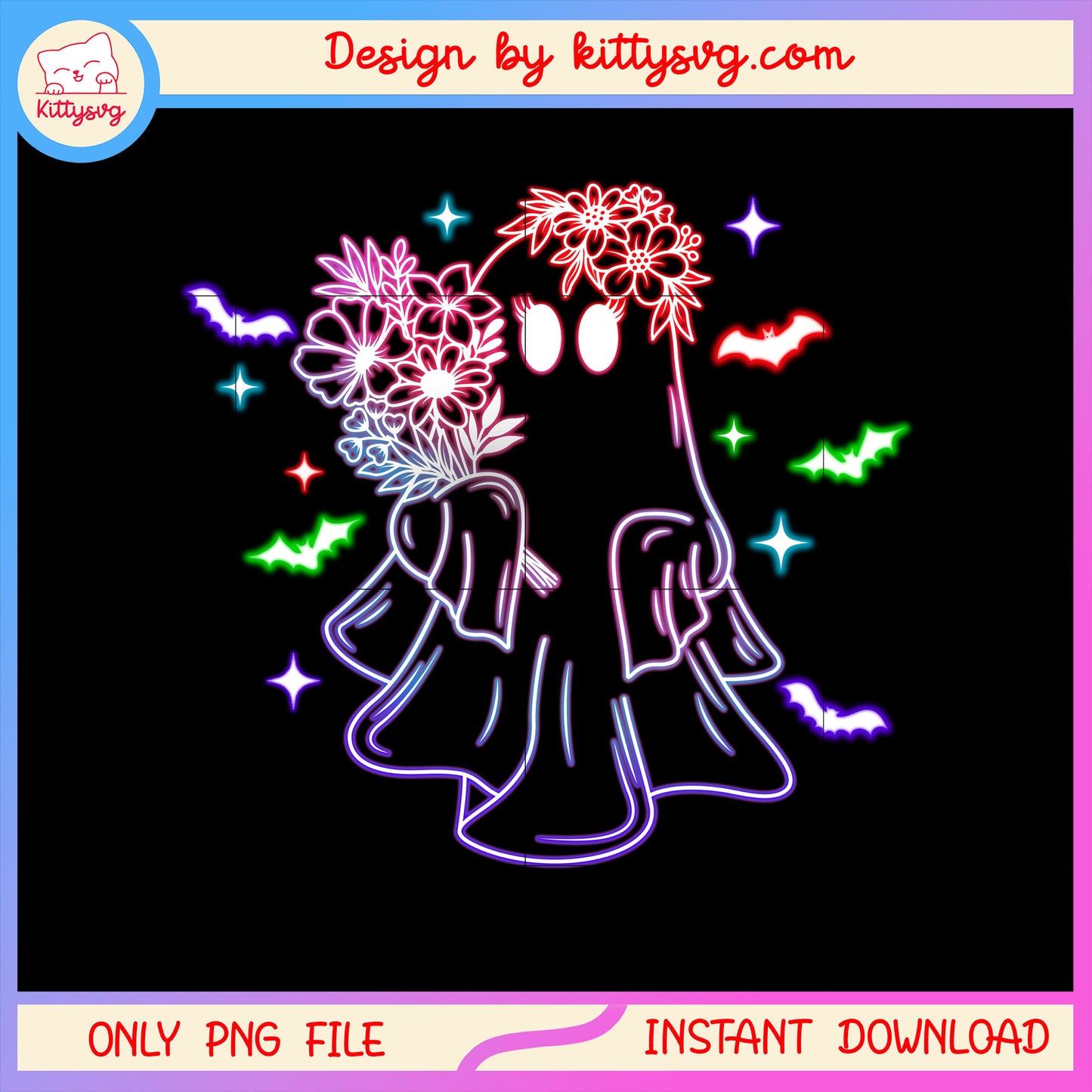 Happy halloween ghost flower neon png, halloween decoration png