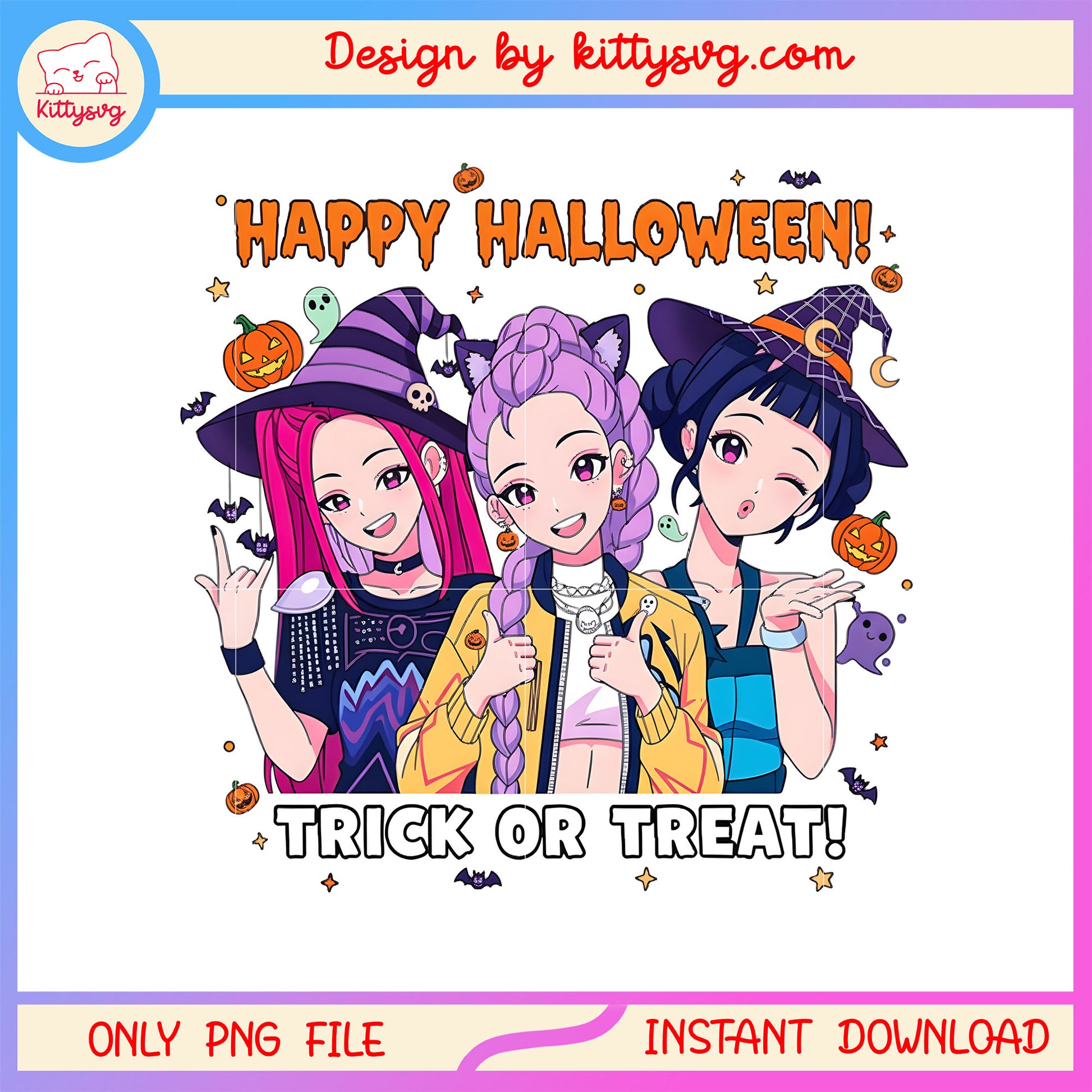 Happy halloween trick or treat huntrix group png, kpop huntrix png