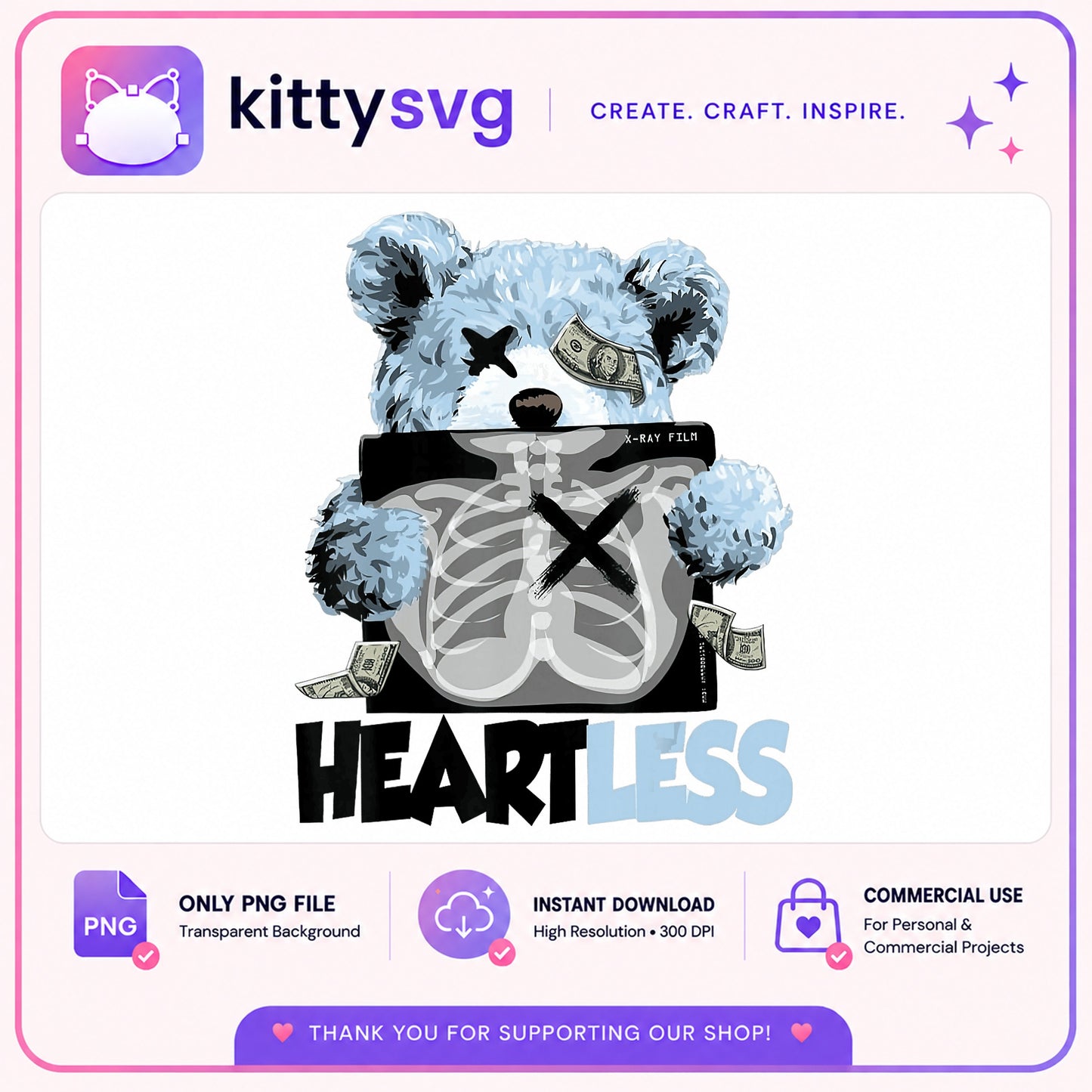 Heartless Teddy Bear PNG, Xray Bear Sublimation PNG, Streetwear PNG
