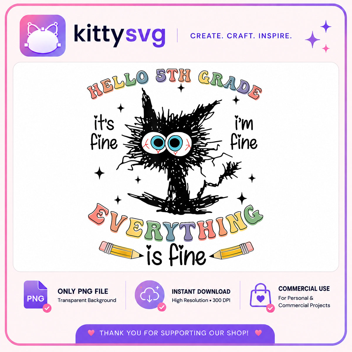 Hello 5th Grade PNG, Funny Black Cat, Back To School PNG