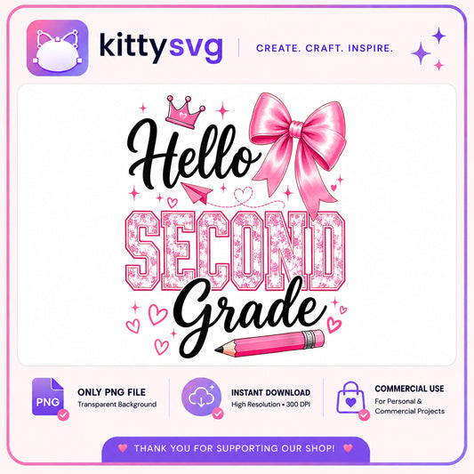 Hello Second Grade PNG, Back To School PNG, Coquette PNG