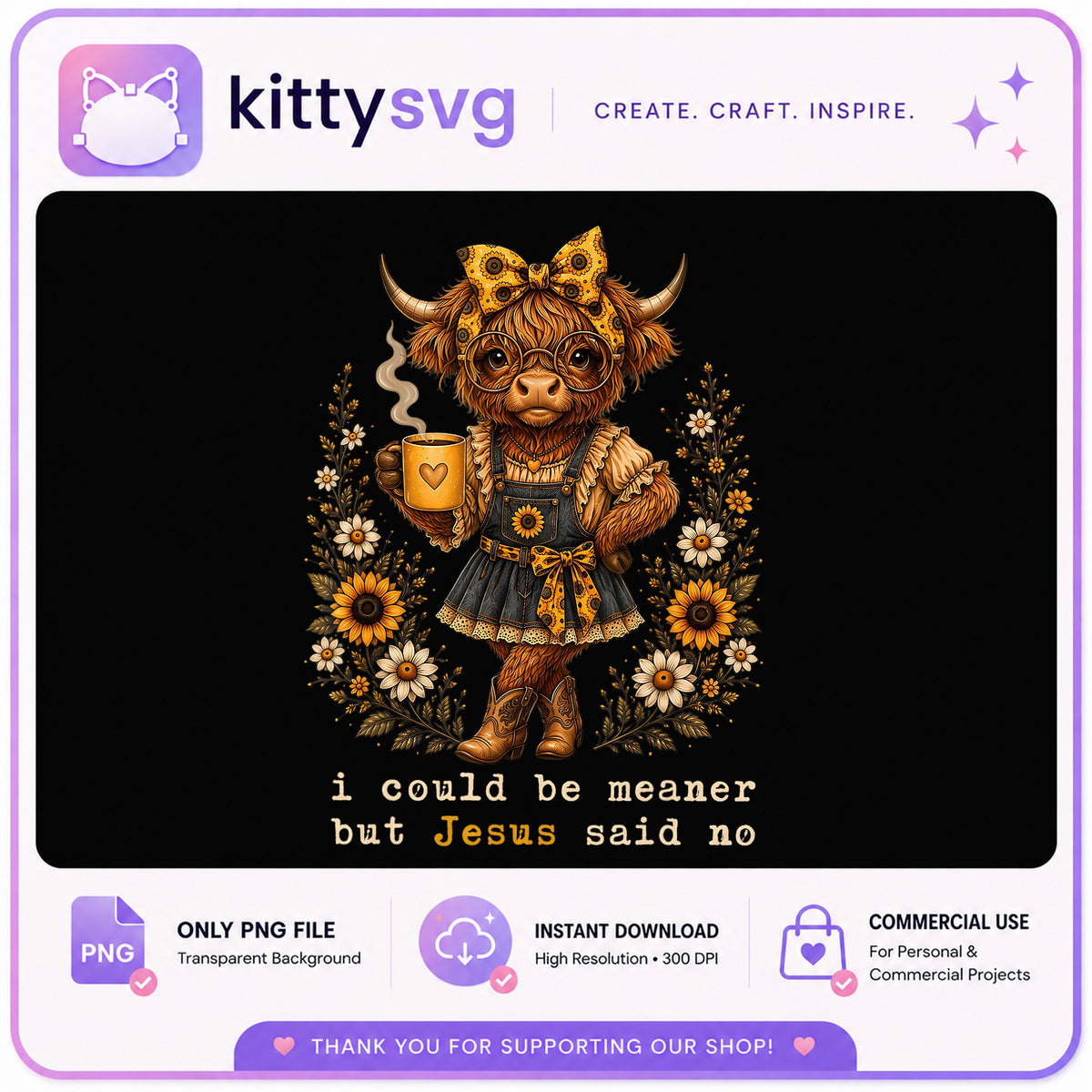 Highland Cow Coffee PNG, Funny Jesus Quote, Boho Cow PNG