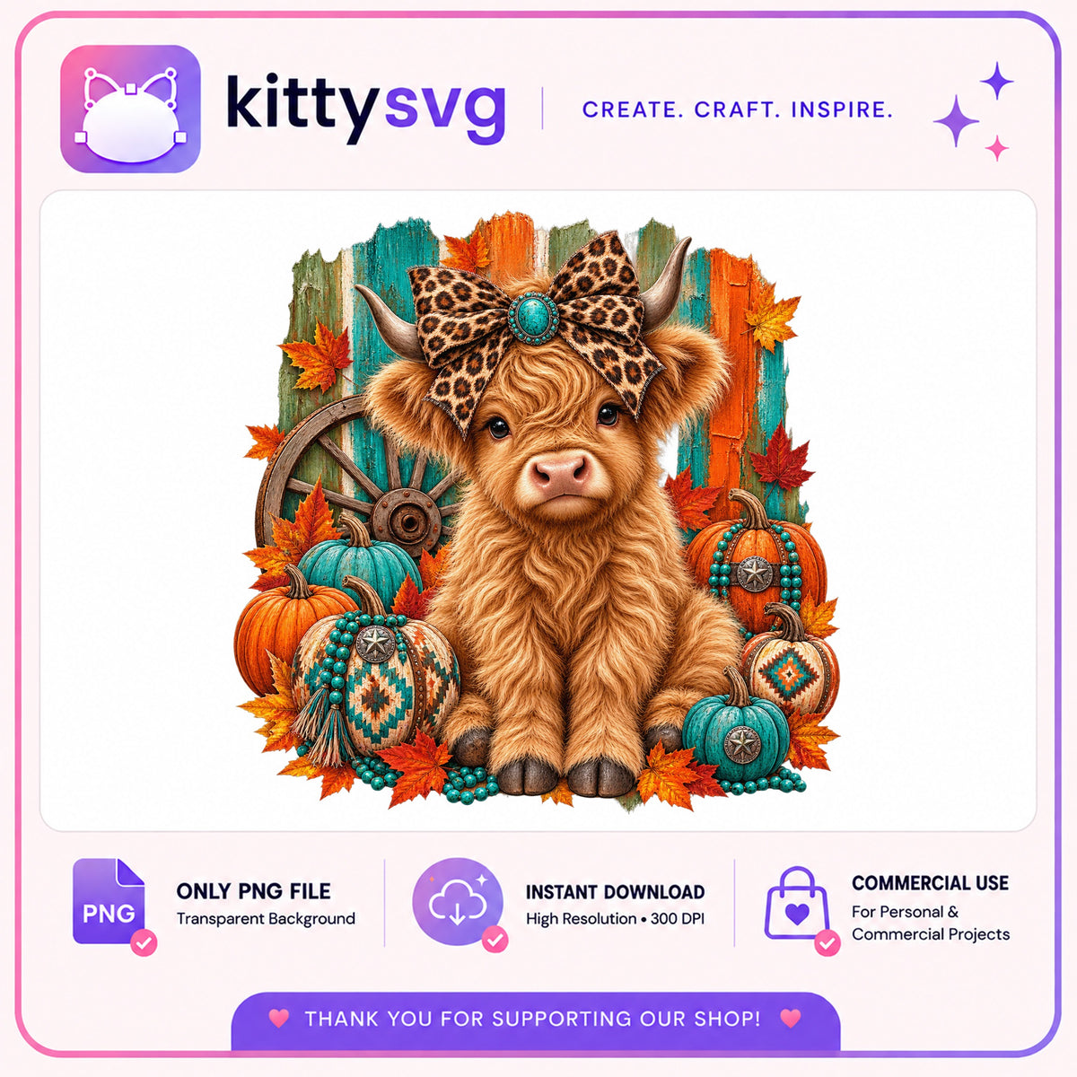 Highland Cow Fall PNG, Boho Pumpkin Autumn PNG, Western PNG