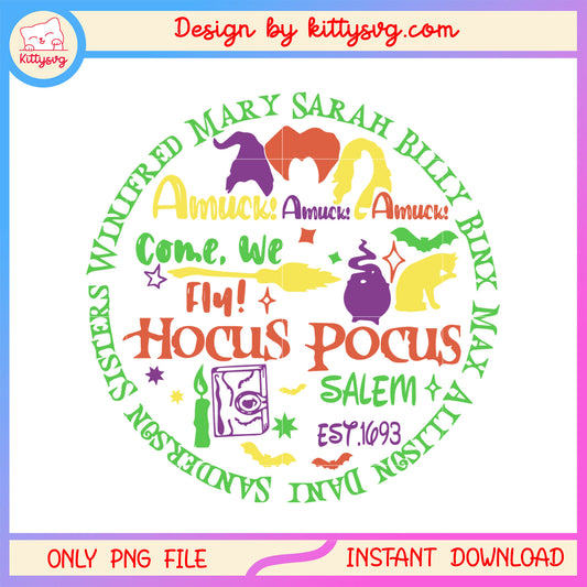 Hocus pocus characters name circle design png, halloween villainss png