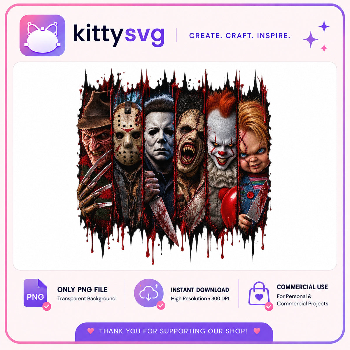 Horror Characters PNG Bundle, Halloween Horror Movie PNG, Scary Killers PNG