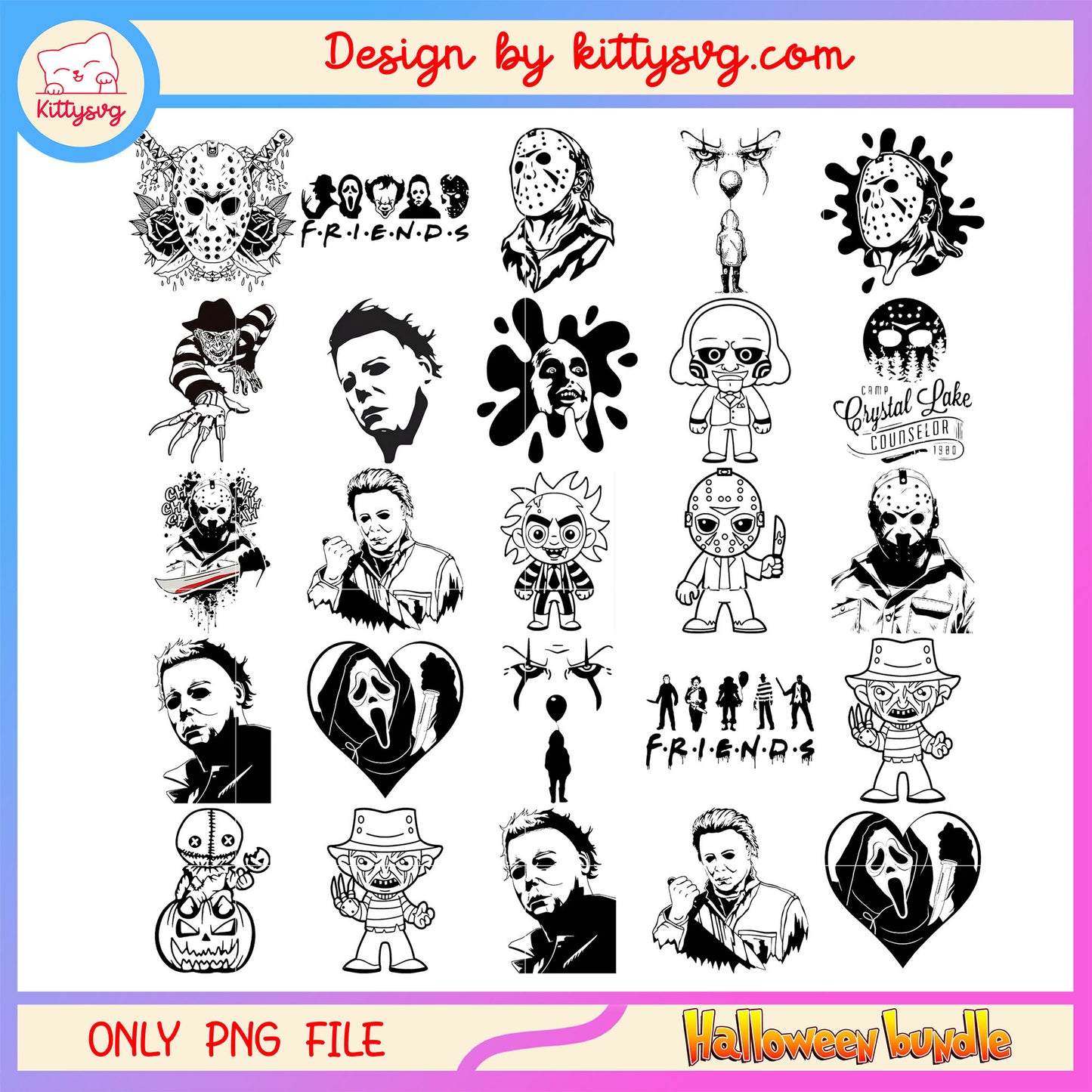 Horror black and white halloween bundle png, horror halloween png