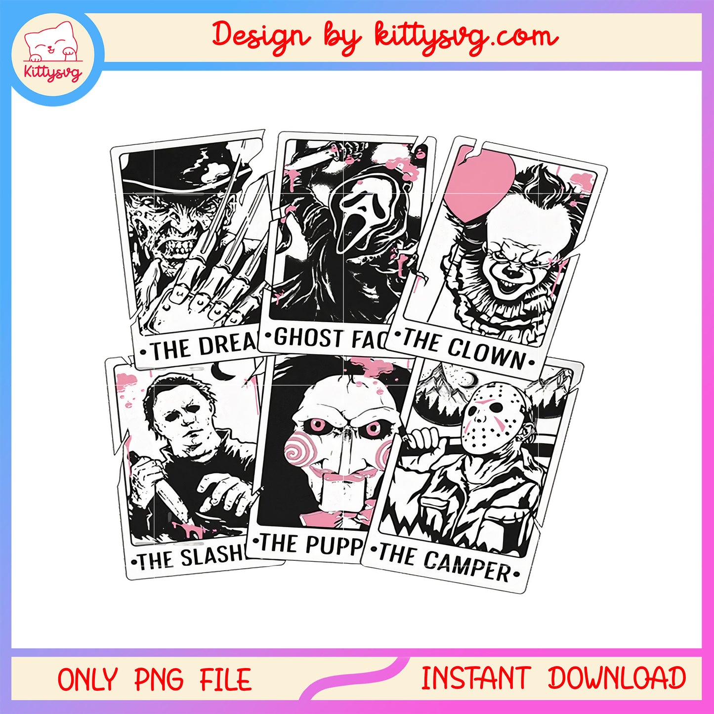 Horror characters cartoon tarot card png, the dream ghost face the camper png