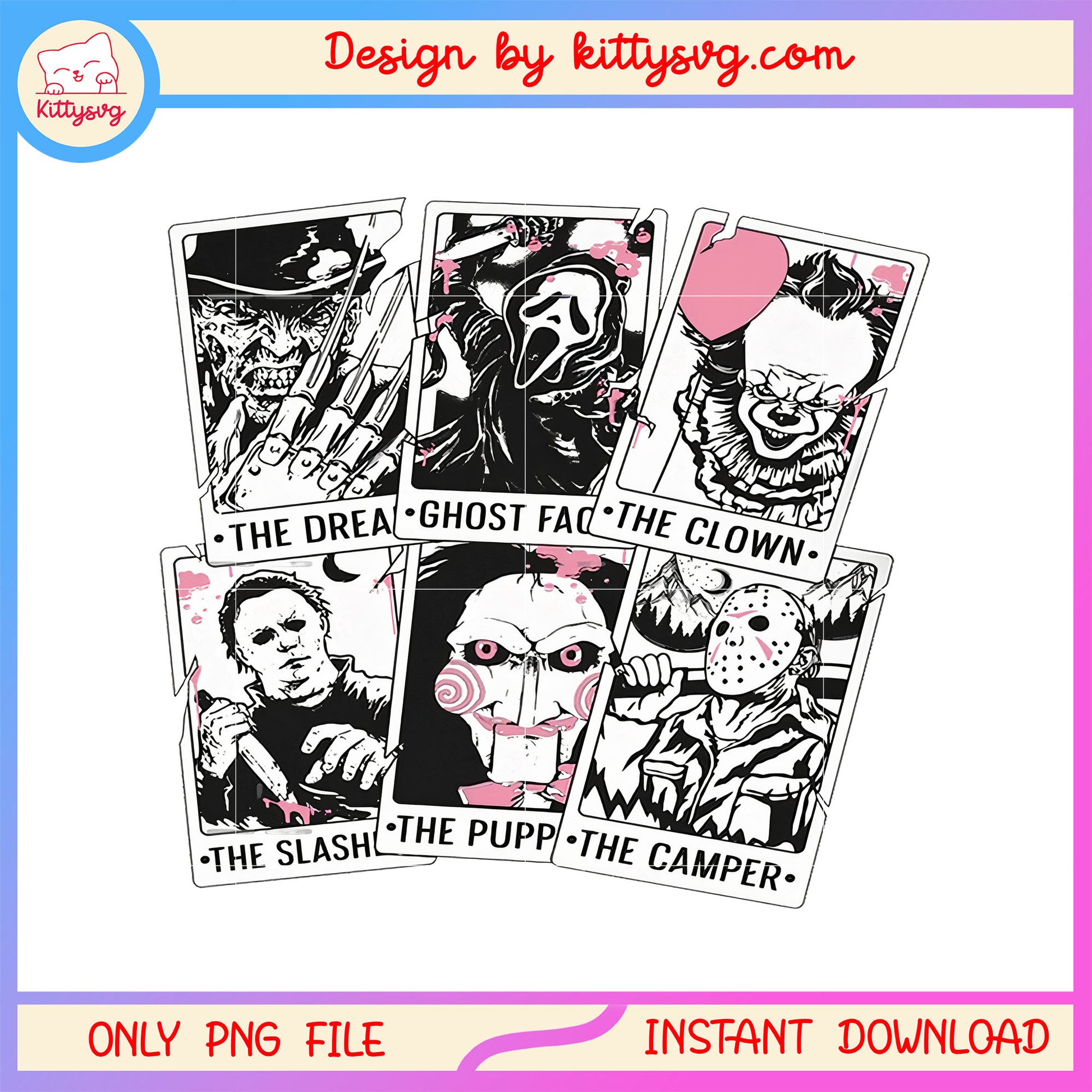 Horror characters cartoon tarot card png, the dream ghost face the camper png