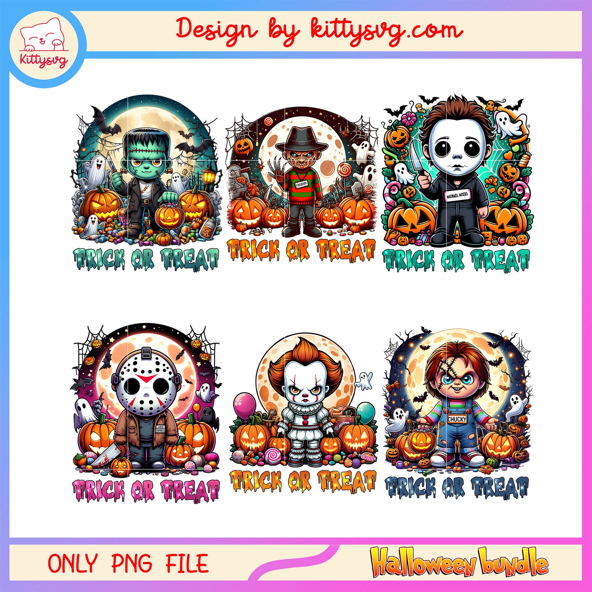 Horror characters chibi halloween bundle png, trick or treat png