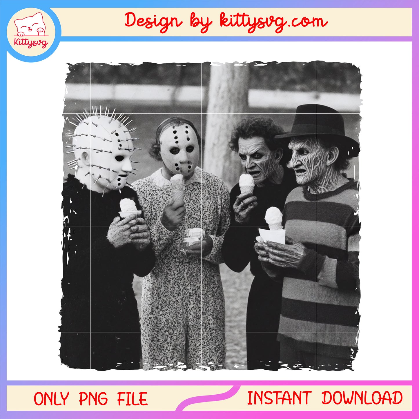 Horror characters eating ice cream png, horror movie png, ice cream png