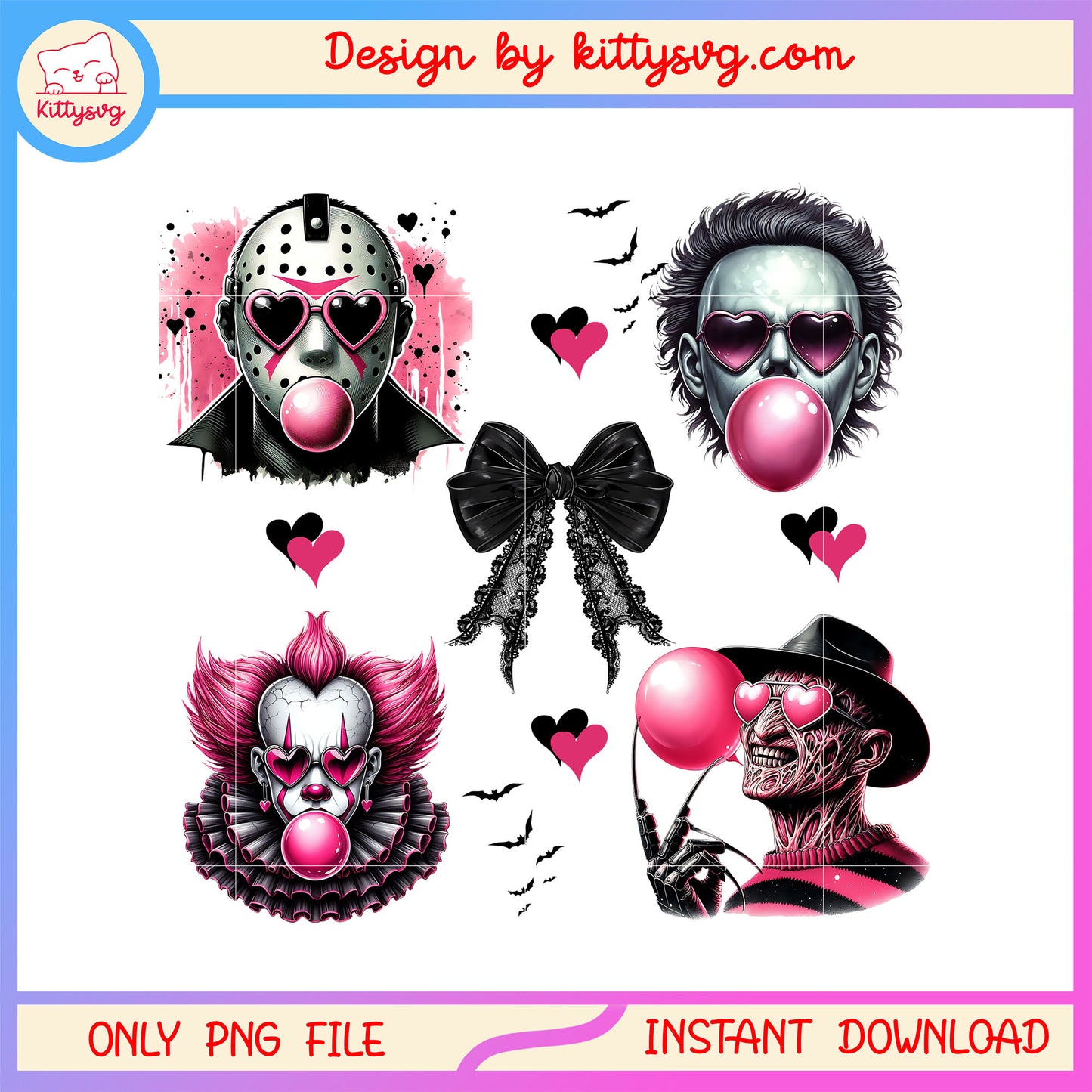 Horror characters face and blowing gum png, Horror blowing gum bow png