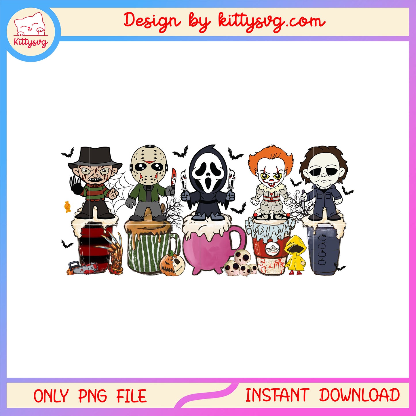 Horror characters halloween cup design png, horror halloween png
