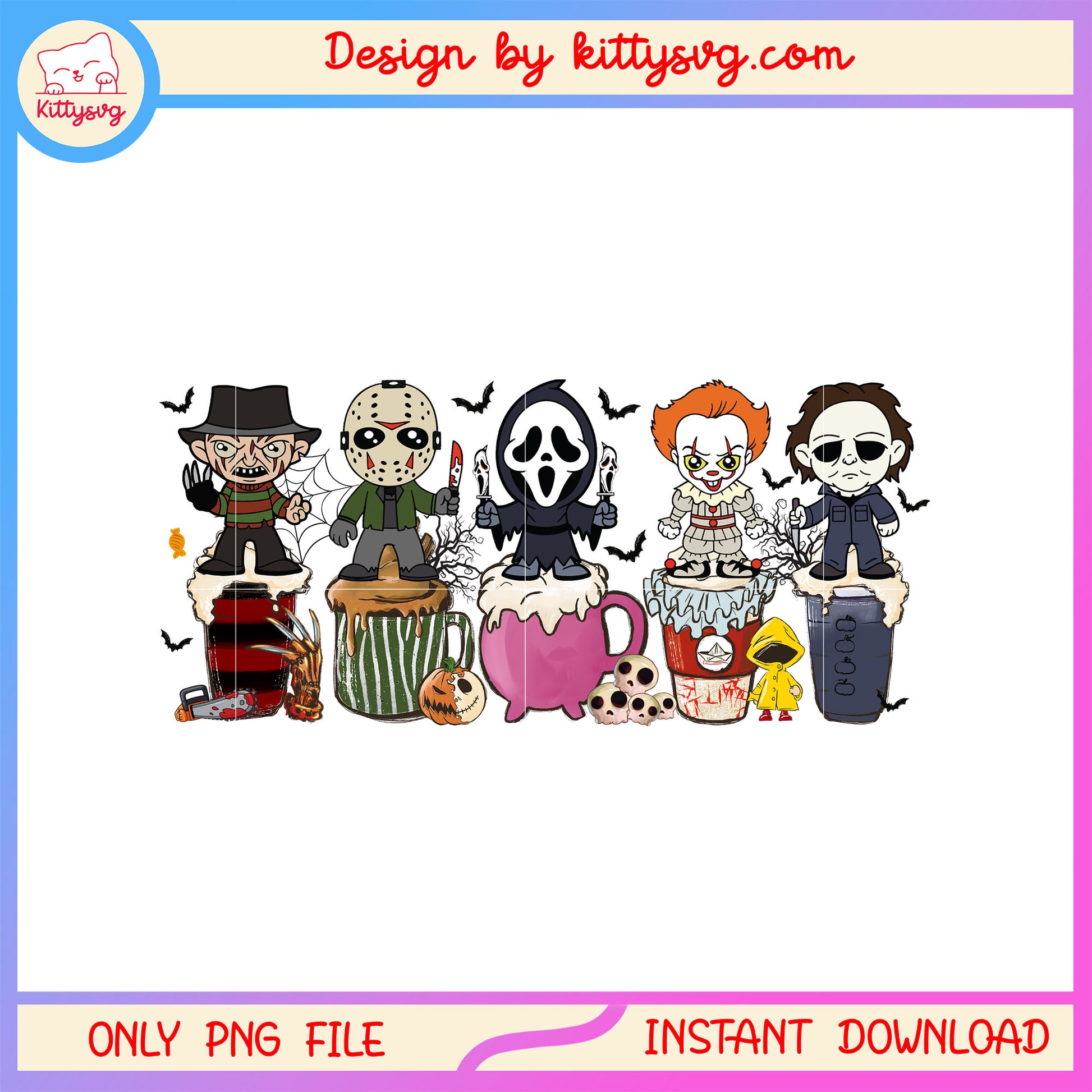 Horror characters halloween cup design png, horror halloween png