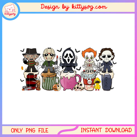 Horror characters halloween cup design png, horror halloween png