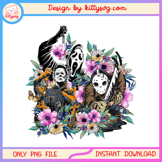 Horror characters halloween floral design png, horror characters png