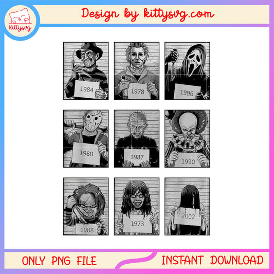 Horror characters mugshot prison design png, scary halloween png